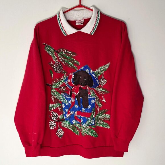 Vintage Tops - 90s vintage red christmas tree holiday puppy dog animal graphic pullover sweater